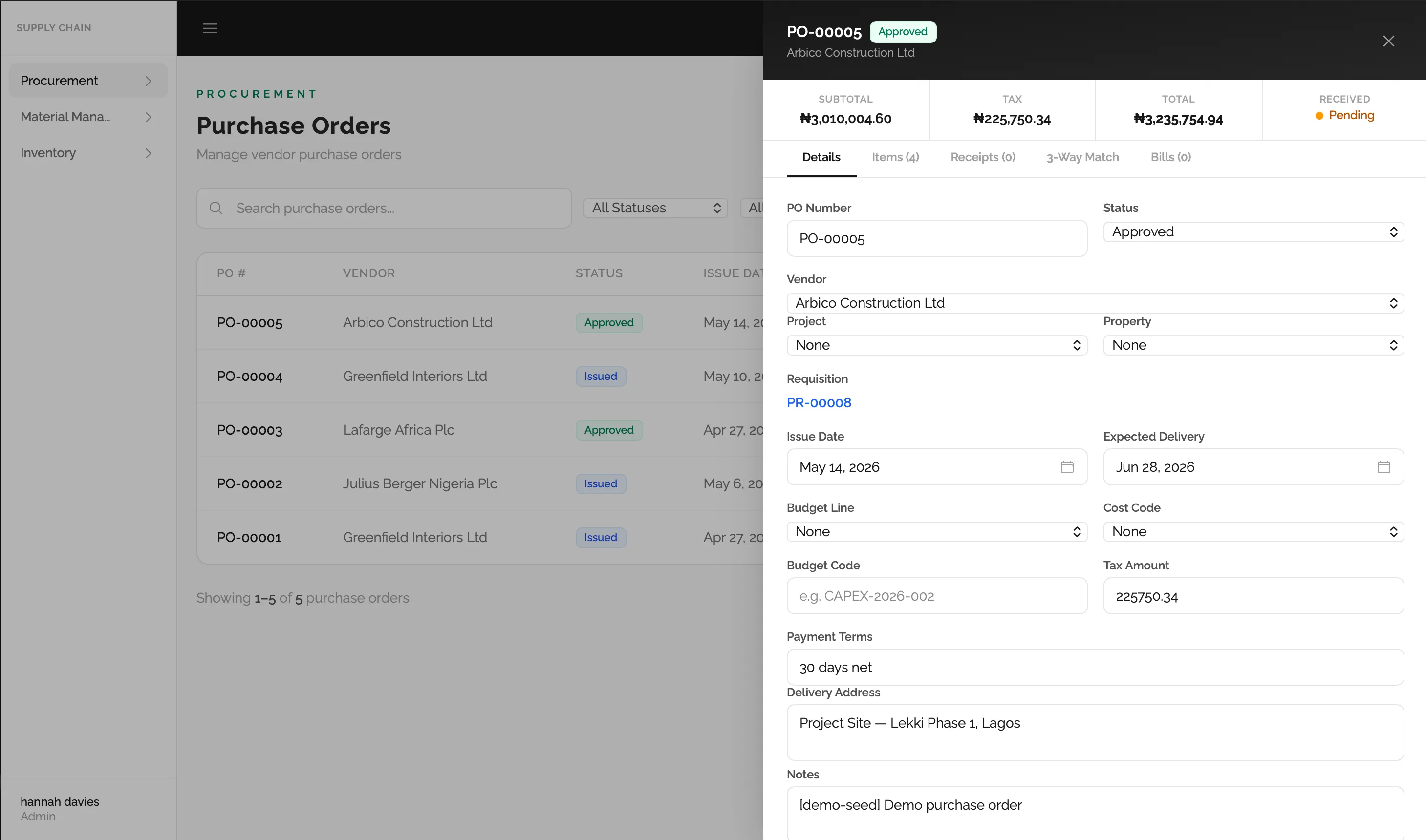 Procurement module screenshot (4 of 6)